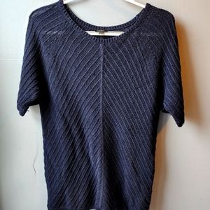 Talbots Blue Knit Short Sleeve Sweater Navy Blue Metallic Crew Neck Medium